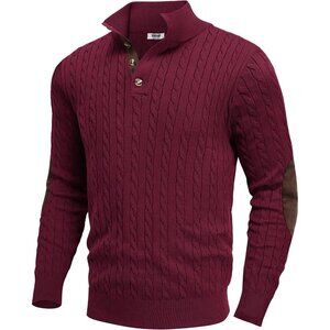 Men's Cable Knitted Pullover Sweater Long Sleeve Stand Collar Button Up Burgundy